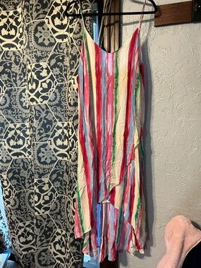 Colorful Lulus Striped Rainbow Spaghetti Strap Beach or Swim Midi Dress